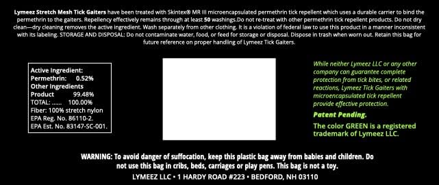 Lymeez protective leg gaiters in original packaging for outdoor use