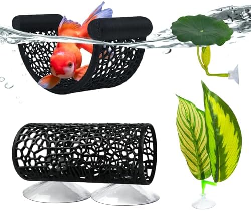 Tasomuty fish tank leaf pads and hiding tunnel close up view