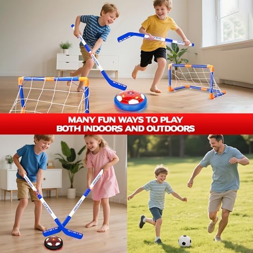 Kids playing floor hockey indoors using the included miniature goals and plastic hockey sticks.