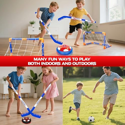 Kids playing floor hockey indoors using the included miniature goals and plastic hockey sticks.