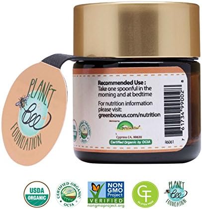 Greenbow raw whole food royal jelly 28 grams glass jar showing USDA organic seal.