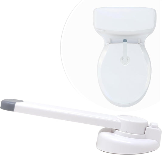 Mars Baby Child Safety Toilet Seat Lock front view installed on a white bathroom commode.