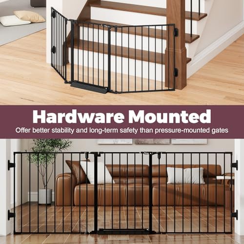 Cideny three panel metal pet gate blocking access to an indoor staircase.
