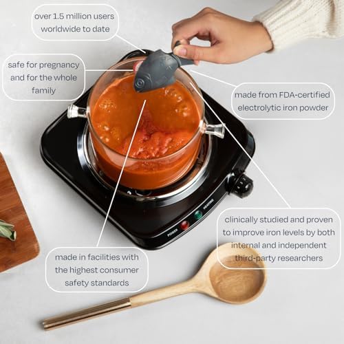 Close up view of the durable electrolytic cast iron tool designed for five years of daily nutritional support.