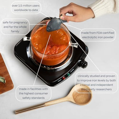 Close up view of the durable electrolytic cast iron tool designed for five years of daily nutritional support.