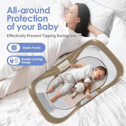 Side profile of ISELECTOR travel crib showing the sturdy aluminum frame and mesh walls