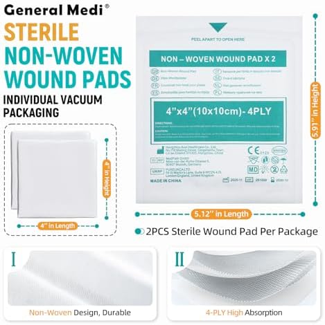 General Medi non woven wound pads 4x4 size display showing the thick 4 ply material texture