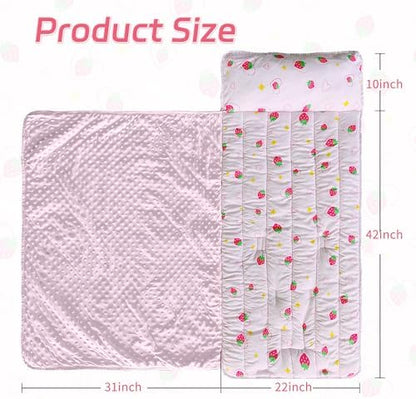 Close up view of the Googgoing toddler sleeping mat showing the removable pillow and plush lining fabric