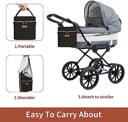 Mancro baby bottle bag attached to a stroller handle
