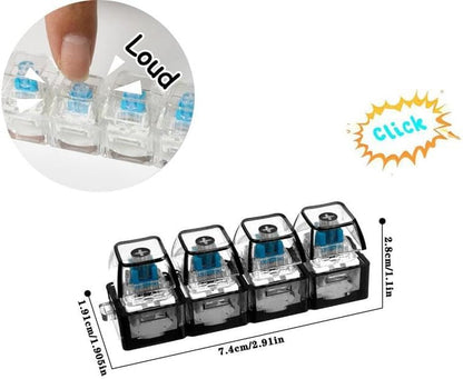 Close up view of mechanical keycap keychain revealing glowing blue internal light bulbs