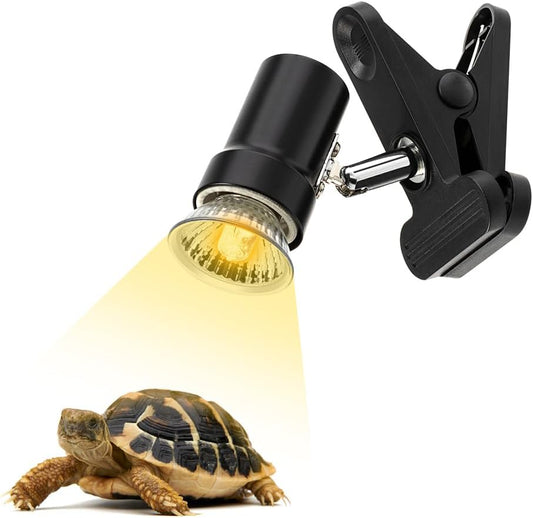 DaToo reptile heat lamp front view showcasing the black clamp base and fifty watt bulb.