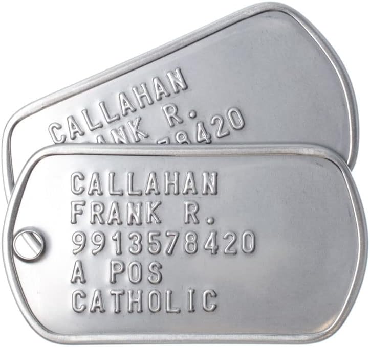 Regulation replacement military dog tags with black silicone rubber silencers attached.