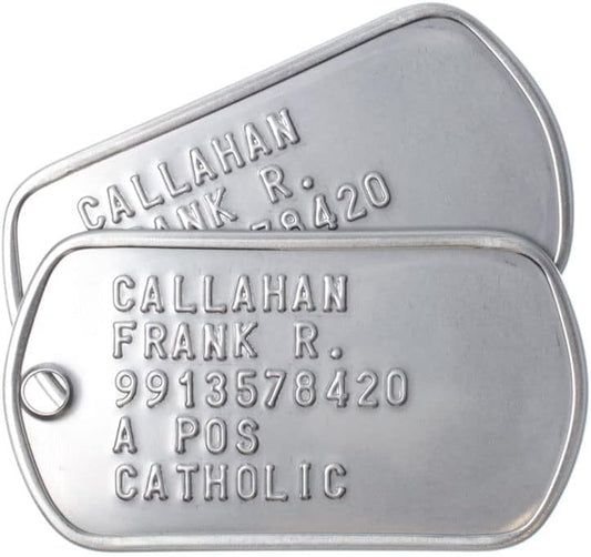 Regulation replacement military dog tags with black silicone rubber silencers attached.