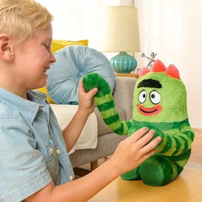 Brobee interactive toy showing flexible arms and red horns
