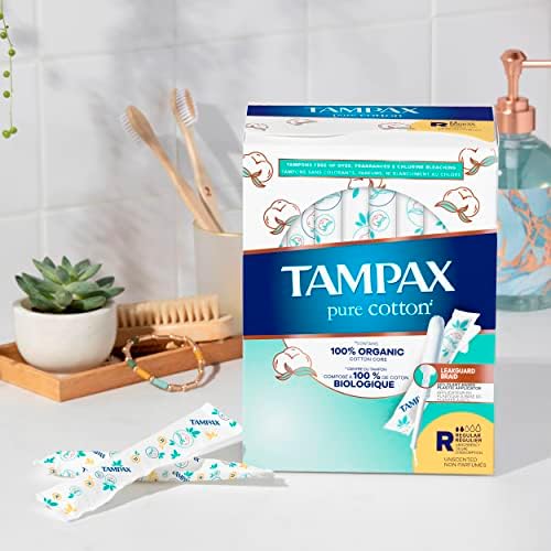 Back of Tampax Pure Cotton 24 count pack showing ingredients and LeakGuard Braid information.