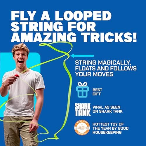 Handheld red string launcher device demonstrating floating string technology loop tricks.