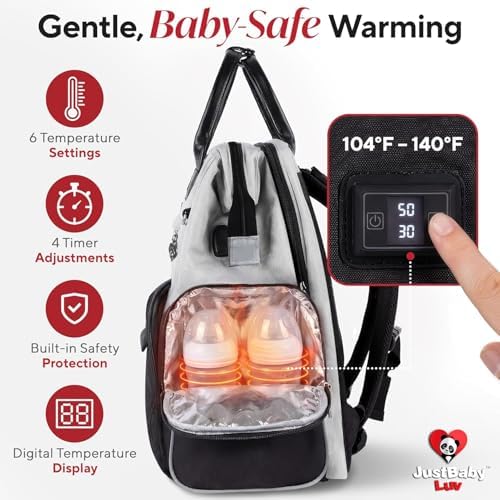 JustBaby Luv diaper backpack expanded to showcase the built-in foldable baby changing station.