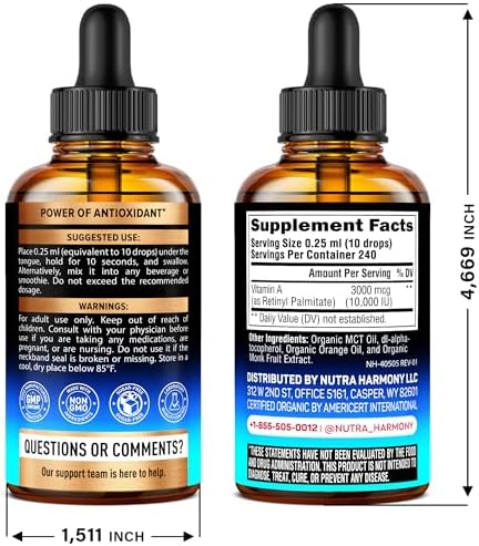 NutraHarmony Vitamin A liquid drops amber bottle label showing potency details