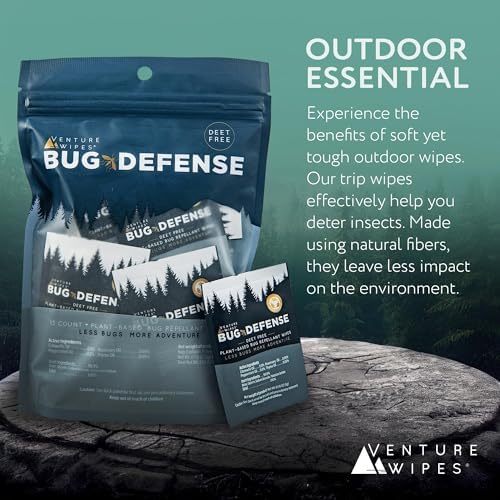 Venture Wipes Bug Defense plant-based insect wipes packaging showing essential oil ingredients