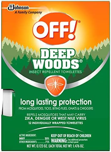Individually wrapped OFF! Deep Woods bug wipes showing twenty-five percent DEET formula details.