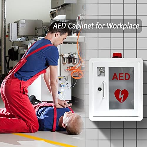 AED cabinet installed in a public hallway for emergency preparedness.