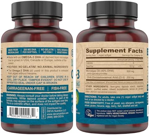 DEVA non animal algae oil omega 3 supplement dietary facts and ingredients label side