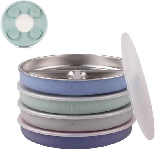 Elk and Friends stainless steel divided toddler plates set of 4 front view