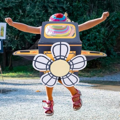 Side view of Safigle lightweight cardboard airplane costume for outdoor play