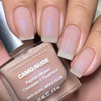 Before and after comparison of a ridged nail plate vs a smooth surface filled with Dermelect Camo-Nude concealer.