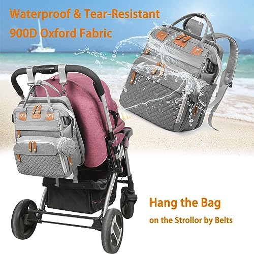 Side profile of Astro Alan travel diaper backpack highlighting the built in external USB charging port.