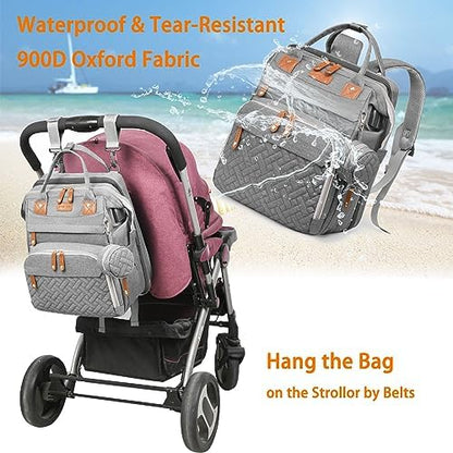 Side profile of Astro Alan travel diaper backpack highlighting the built in external USB charging port.