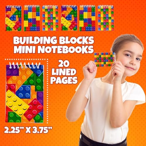 Children holding mini building block pocket notebooks