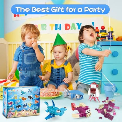 VOPOGLNE premium imported building toy set packaging details emphasizing age recommendations and safety certifications.