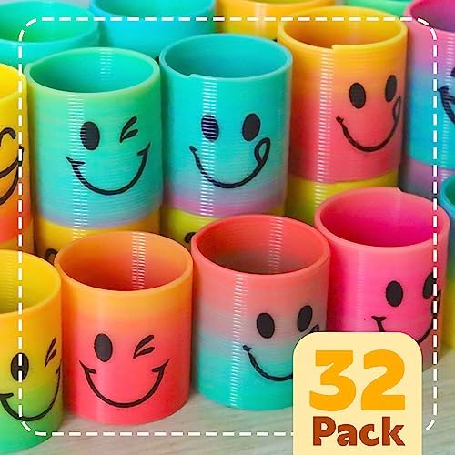 Hand-powered rainbow coil toy showing unique winking and laughing expressions for sensory children play.