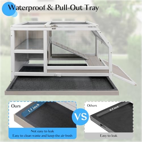36''L Rabbit Hutch Outdoor with Casters and Run, Wooden Indoor 2 Story Guinea Pig Cage with Divider Panel, Pull Out Tray, Rabbit Duck Bunny House for Small to Medium Animals and Pet Lover, Gray - Image 7