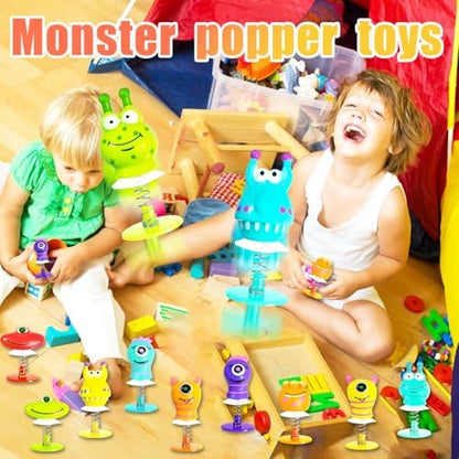 Six distinct styles and colors of the alien themed jumping popper toys arranged neatly in a row.