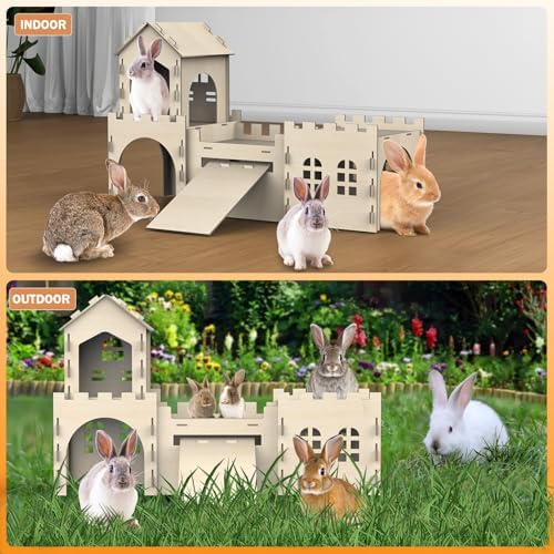 Large Bunny Castle for Rabbits, Wooden Dual-Layer Rabbit House with Stair, Rubber Band-Free Setup - Chew-Proof, Sturdy Habitat for Guinea Pig Chinchilla Ferret (Rabbit House) - Image 5