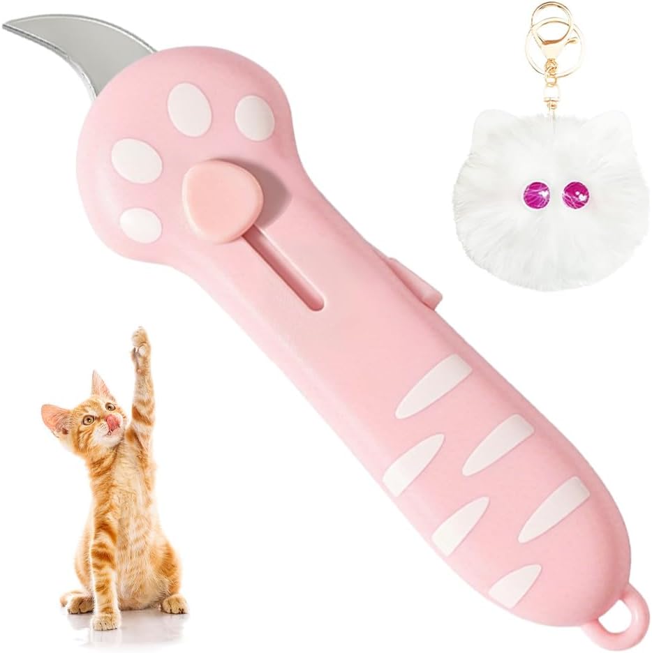 Packaging display of the two piece imported sanvvv cat claw knife and plush key ring combo