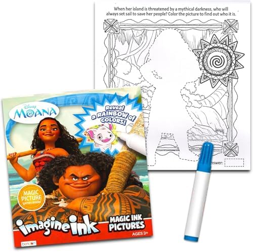 Three individual Disney Imagine Ink mess free coloring booklets spread out with the invisible ink marker.