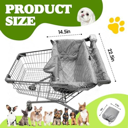 Quilted gray shopping cart liner for dogs with safety carabiner