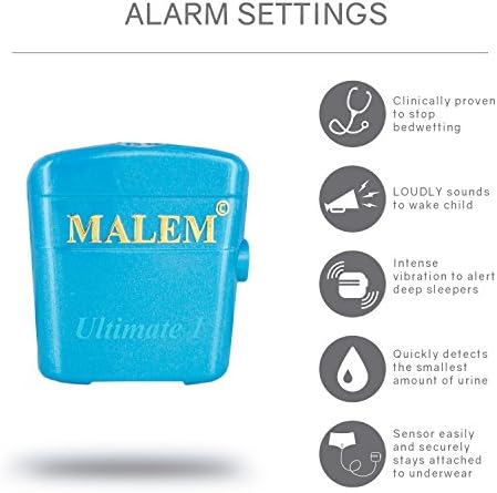 Blue Malem bedwetting alarm unit showing the speaker and vibration toggle.