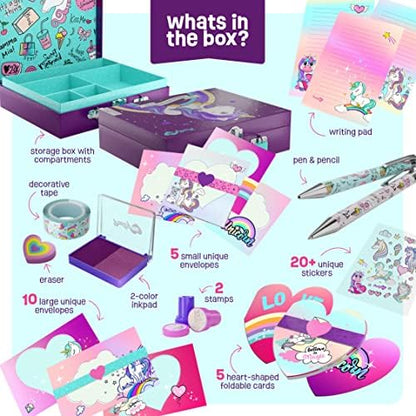 Pretty Me Unicorn Art Kit flat lay showing forty-nine pieces of stationery