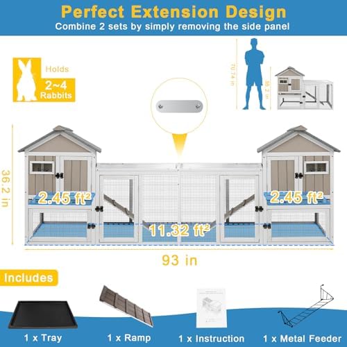 Ketive 48" L Rabbit Hutch Outdoor Indoor Bunny Hutch Weatherproof, 2-Story Wood Rabbit Cage with Deep Tray, Chew-Resistant Ramp, UV Roof, Bunny House for Small Animal, Expandable Guinea Pig Cage - Image 7