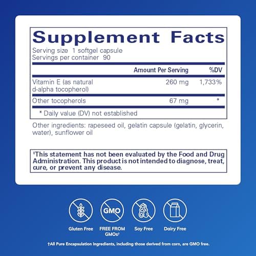 Pure Encapsulations vitamin E bottle with softgel capsules displayed