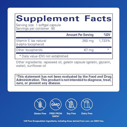 Pure Encapsulations Vitamin E mixed tocopherols hypoallergenic capsule count display