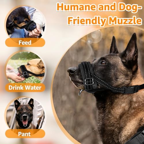 SlowTon adjustable pet muzzle highlighting the secure quick release buckle closure and heavy duty neck strap