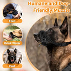 SlowTon adjustable pet muzzle highlighting the secure quick release buckle closure and heavy duty neck strap