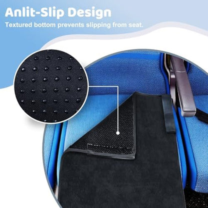 Hifezonker toddler seat extender creating an extended leg rest on a commercial airplane.