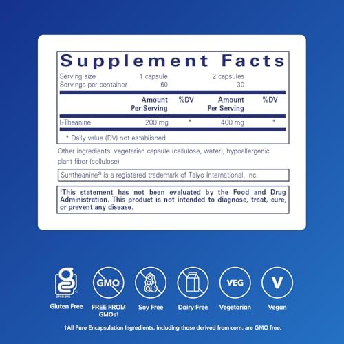 L-Theanine amino acid supplement nutritional information label showing 100mg dosage.