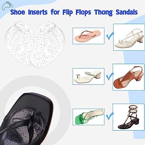 Self-adhesive ball of foot pads being applied to a summer sandal.